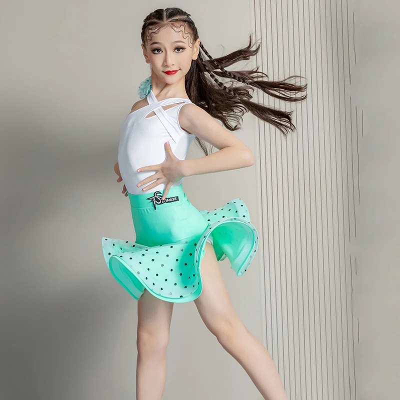 

2024 Children Latin Dance Performance Dress For Girls White Sling Tops Green Skirts Suit Chacha Rumba Tango Latin Wear DN17792