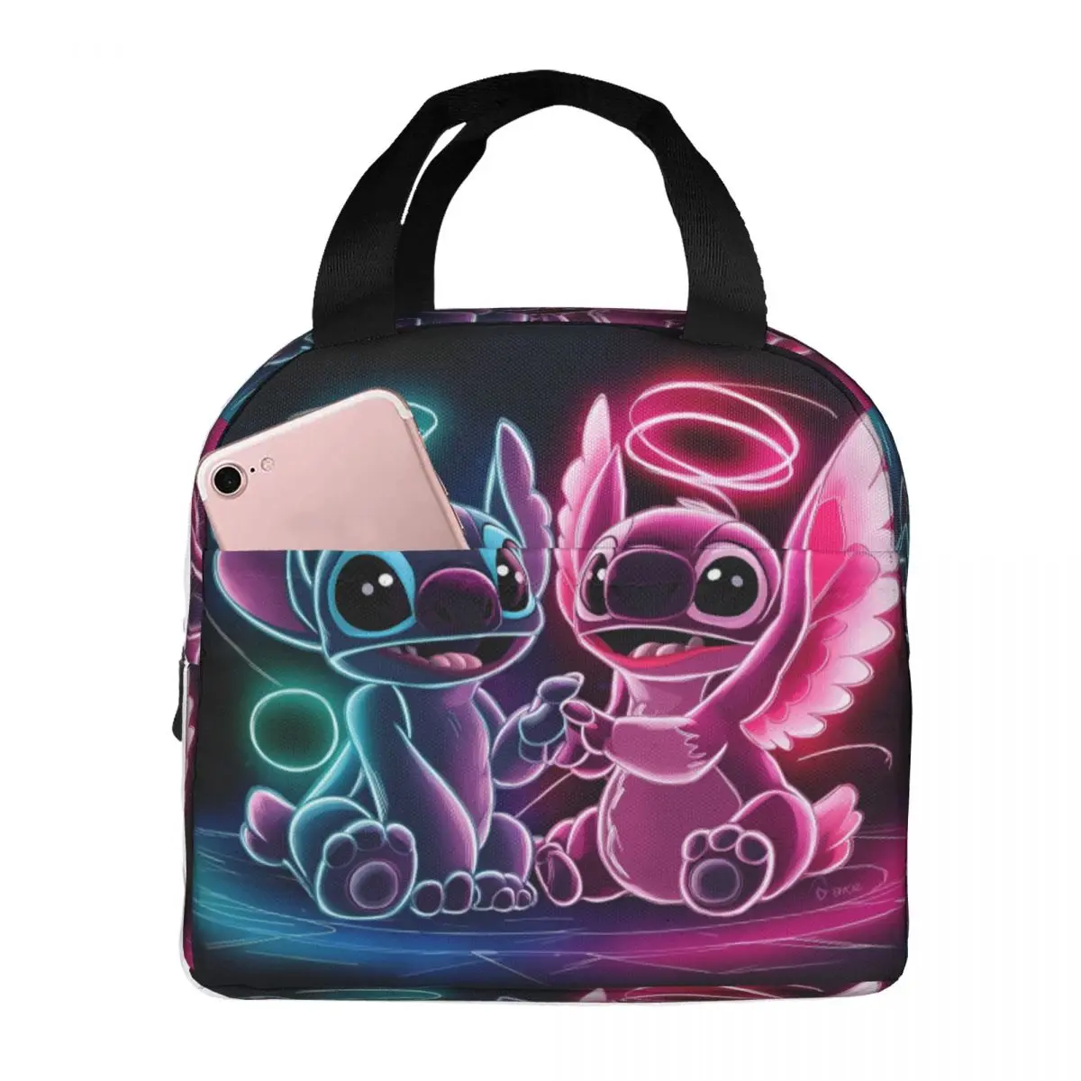 

Сумка для обеда в стиле аниме Stitch & Angel для девочек, ланч-бокс с неоновым принтом, офисная сумка-холодильник для отдыха, портативная изолированная термосумка-тоут