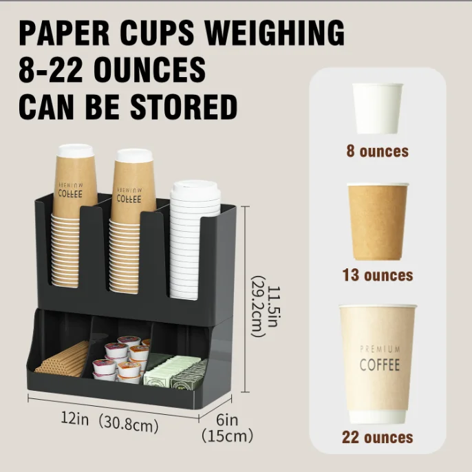13 Inch Countertop Coffee Bar Organizer with 6 Compartments, Storage Caddy for Cups, Lids and Packets, Plastic, Black