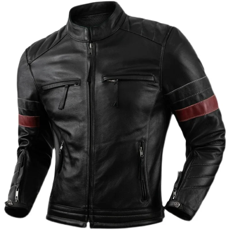 Natural Cowhide Jackets top layer cowhide  men's motorcycle suit Black Stand Collar  Short Genuine Leather Coat