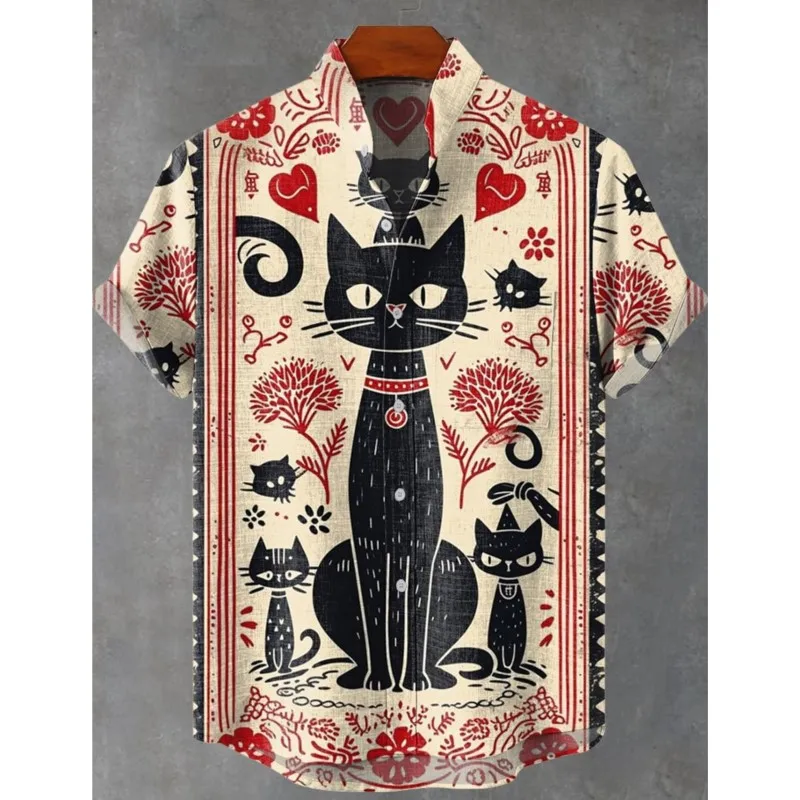 2025 Summer Men's Casual Shirt Graffiti Style Cute Cat Pattern Printed Linen Short Sleeve Shirt Comfortable Button Top