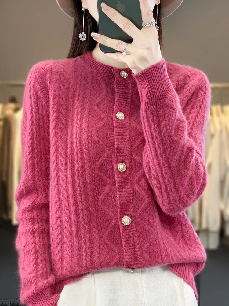 New Chic Twist Flower Women Sweater Long Sleeve O-neck Cardigan 100% Merino Wool Soft Warm Cashmere Knitwear Korean Fashion Tops