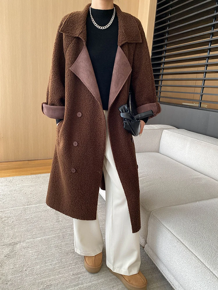 [EAM] Coffee Lambswool Big Size Thick Warm Jacket New Lapel Long Sleeve Women Coat Fashion Tide Autumn Winter 2024 1DH7818