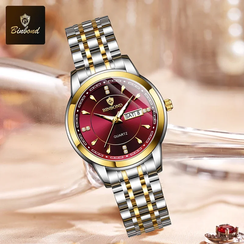 BINBOND أزياء السيدات كوارتز ساعة اليد الفاخرة الفولاذ المقاوم للصدأ للماء المرأة ووتش مضيئة الساعات النسائية الساعة الأصلية #4