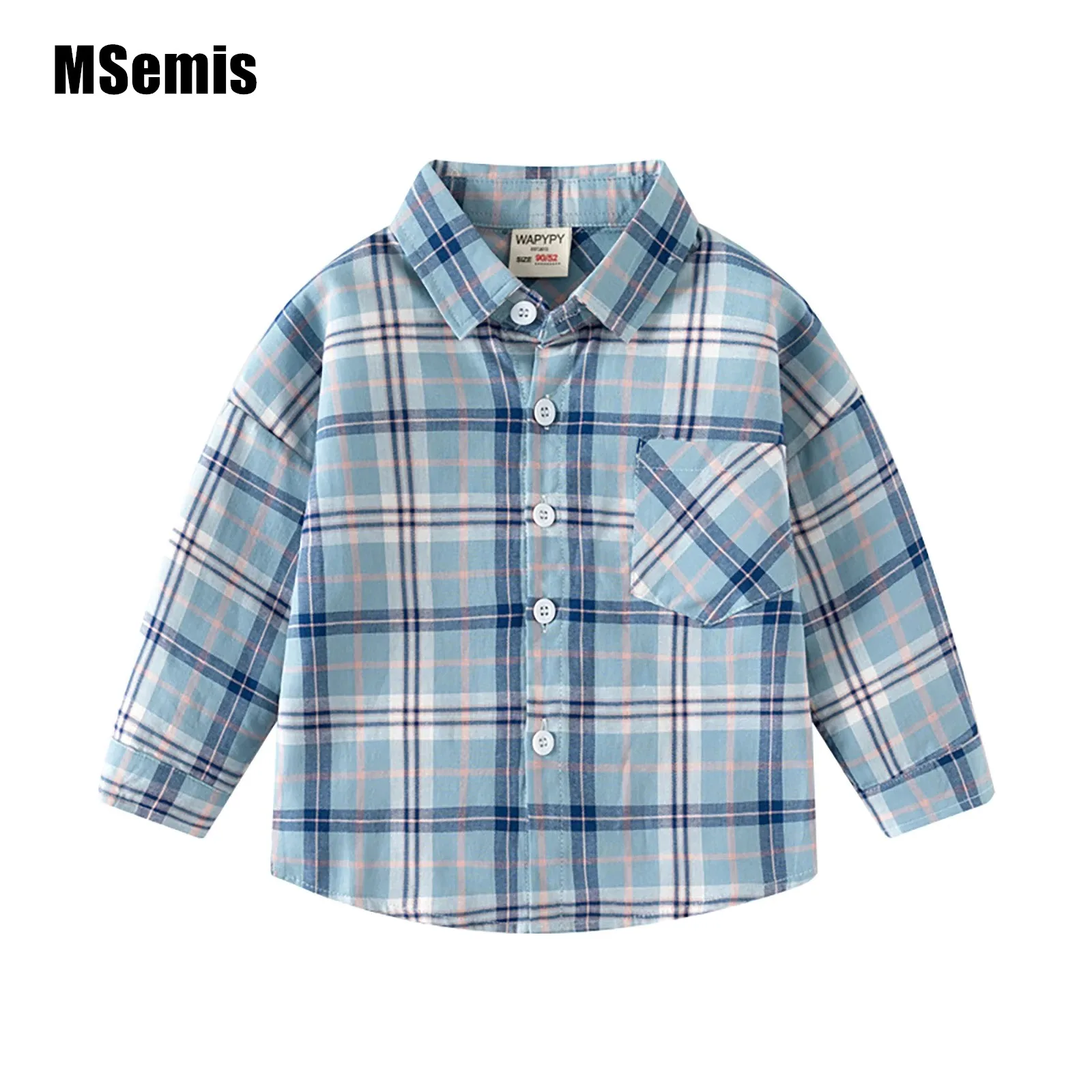 Baby BoysCotton Plaid Shirt Soft Sky Blue Button Up Pointed Turn-down Collar Long Sleeve Single Pocket Plaid Shirt Top