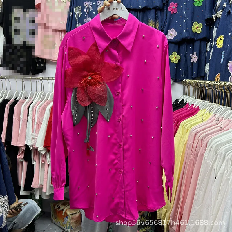 Trójwymiarowe Kwiaty Diamenty Kardigany Top Damski Jednorzędowy Luźny Długi Rękaw Bluzki Eleganckie Codzienne Koszule Damskie