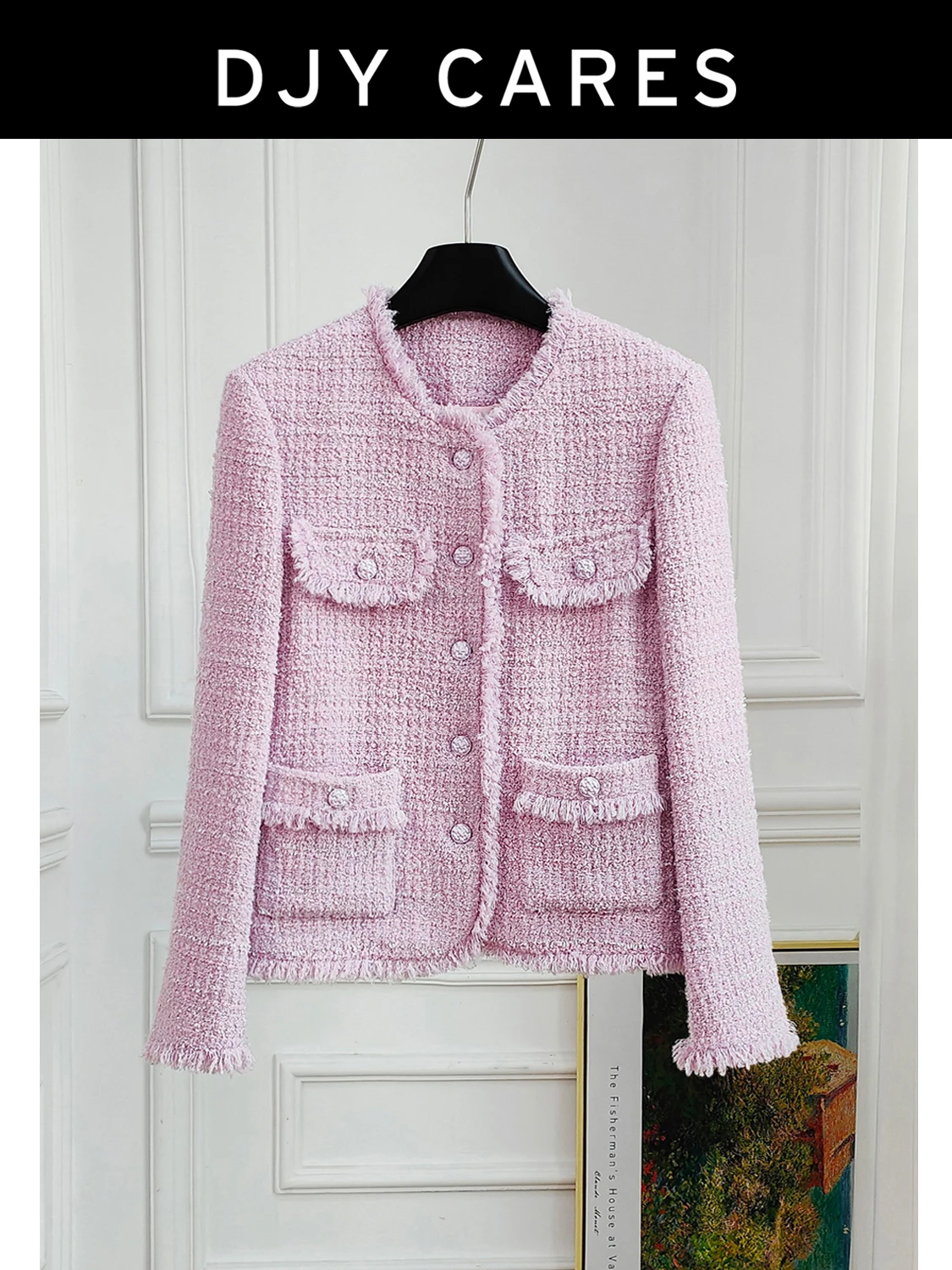 

New Coarse tweed high-end round neck tassel jacket versatile big size