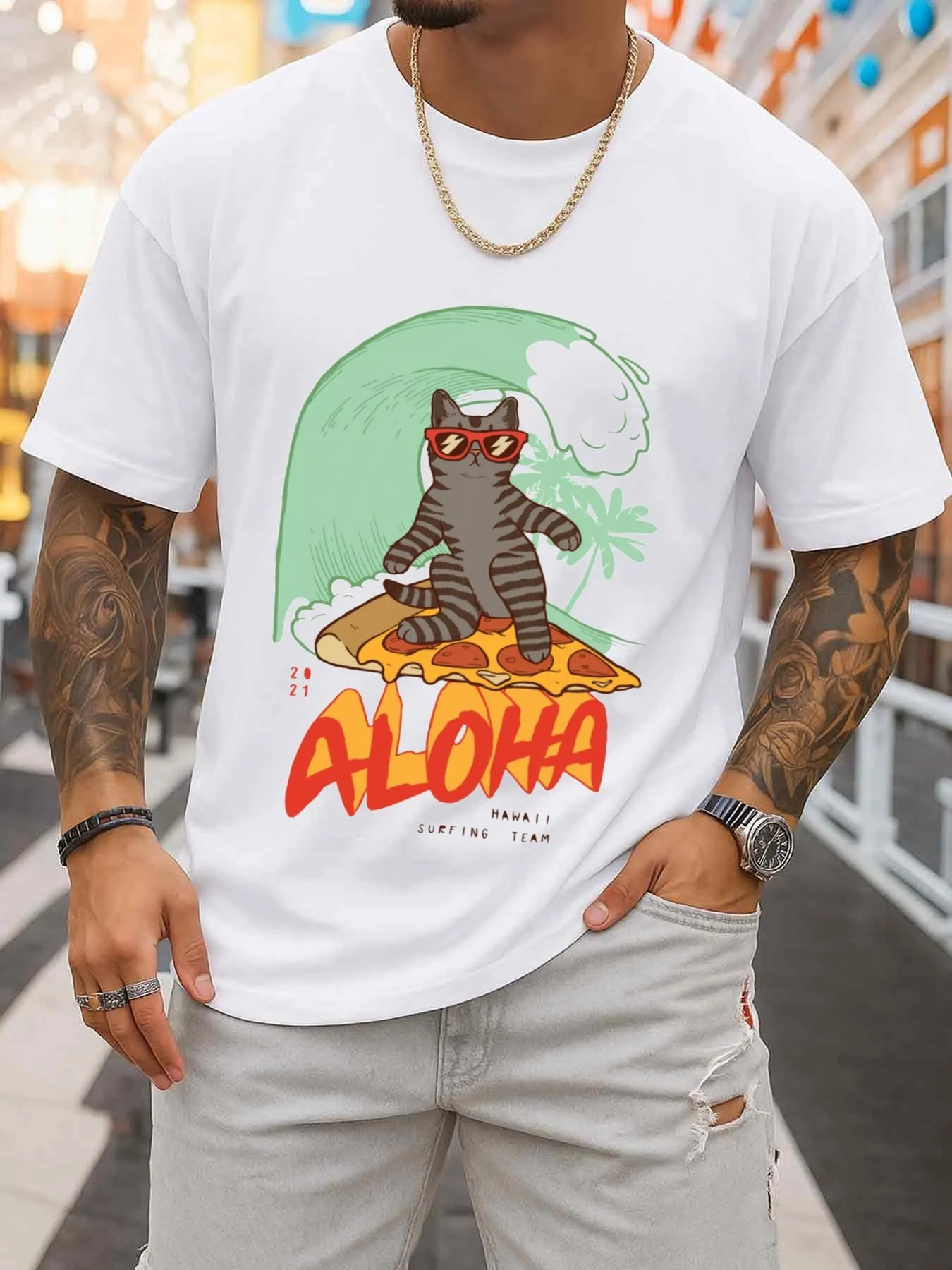 Surfing Cat Pizza Aloha T-Shirt for Men Comfort Colors White Printed T-Shirt Weekend Casual Wear Comfortable Loose Fit T-Shirt Perfect for Daily and Weekend Wear Unique Design Summer Print Perfect for Everyday Wear