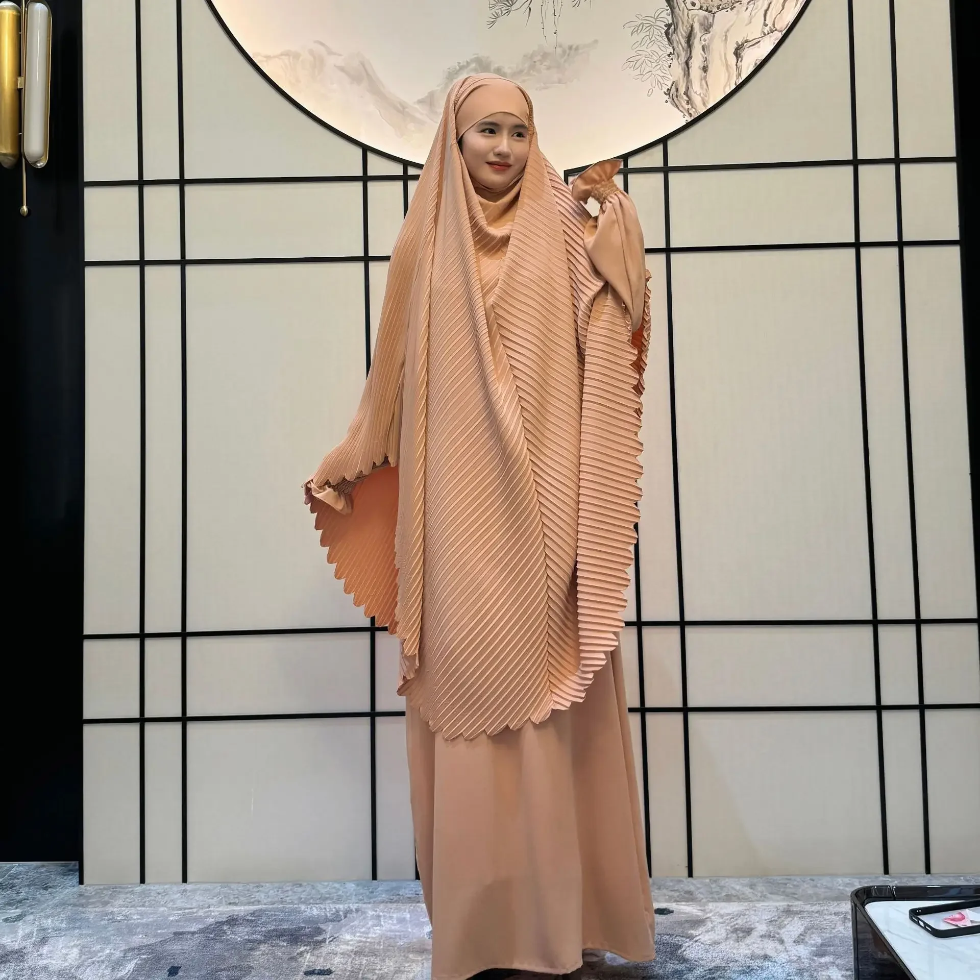 Caftán marroquí musulmán para mujer, Vestidos de oración de Dubái, bata larga de Ramadán, Hijab Abaya, pañuelo en la cabeza, Jalabiya Abayas, conjunto de 2 piezas