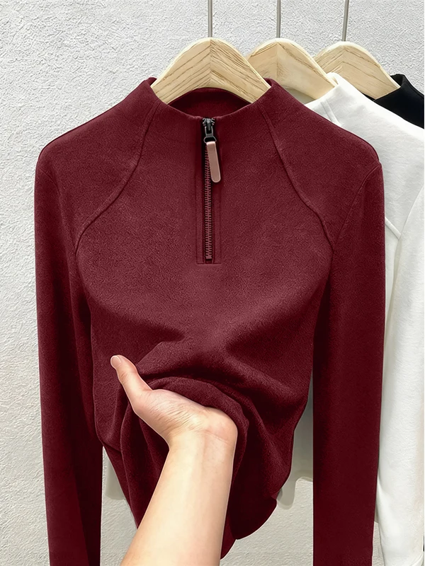 Long Sve Zipper T-irt Women's Loose Fit Korean Sle Comfortable Soft Polyester Casual Wear All Seasons Basic Top