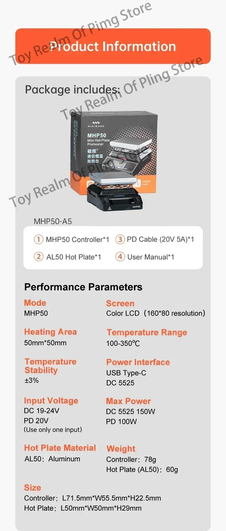 Mini Hot Plate Preheater, MHP50, Ferramenta de Aquecimento Inteligente, Retrabalho Estação de Calor, Placa PCB Solda, 350 ℃, 50x50mm, Novo, 2024