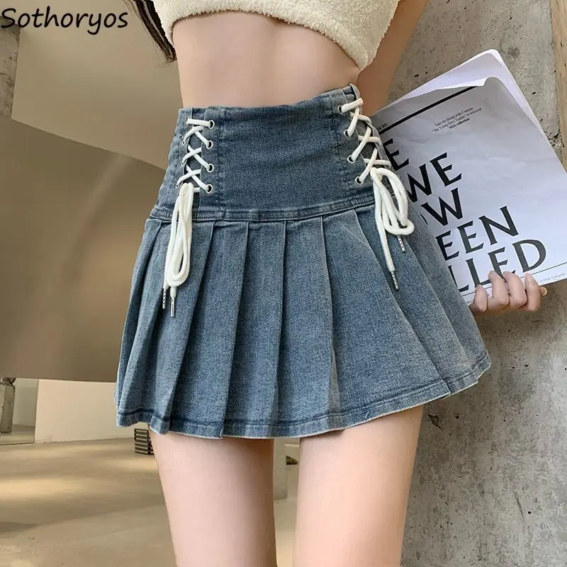 

Sexy Mini Skirts Women Denim Pleated Tender Lace-up Fashion Hotsweet Preppy Style Vintage Y2k Girls Falda All-match Daily Summer