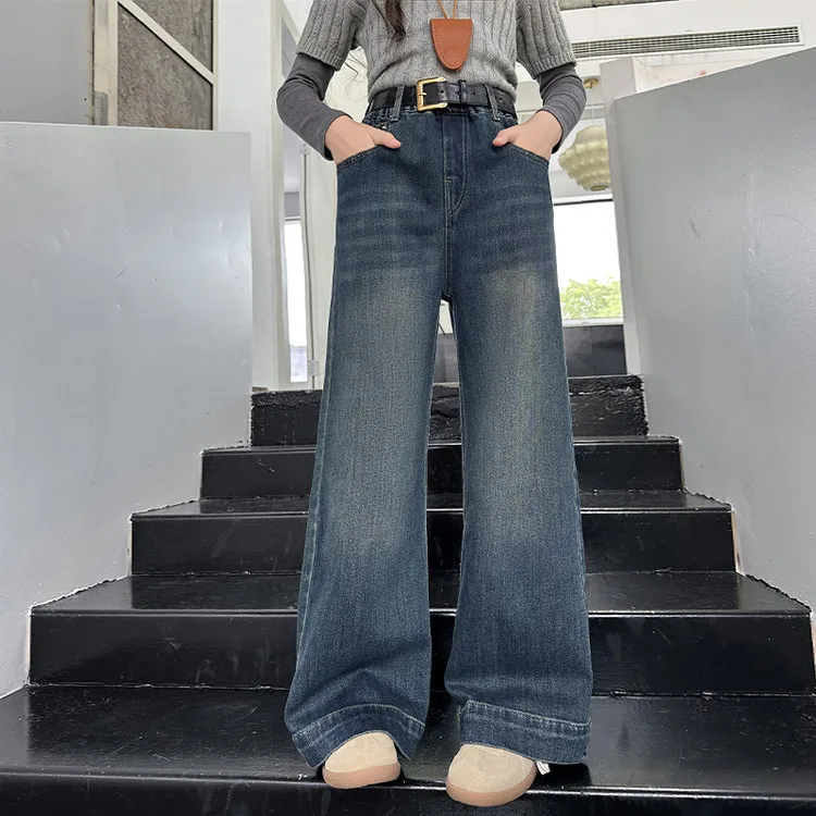 

Children Girls Denim Pant Autumn Retro Loose Junior Girls Straight Leg Jean Elastic Waist Versatile Teenager Girls Trousers