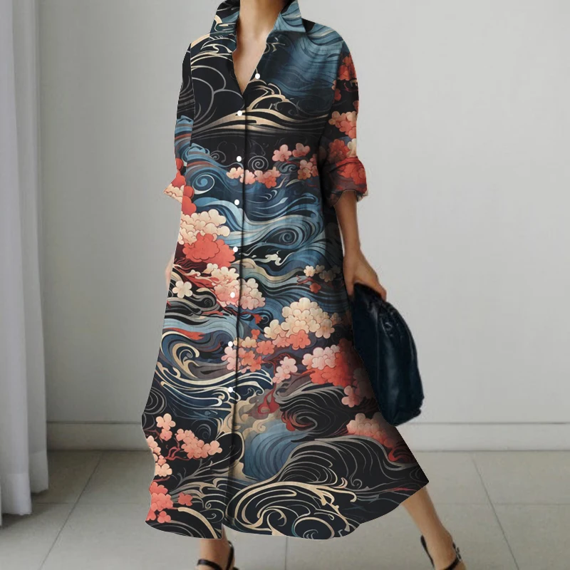 Japanese Classical Cat Wave Print Autumn Long-sleeved Shirt Dress Street Fashion Loose Knee-length Skirt Loose And Comfortable