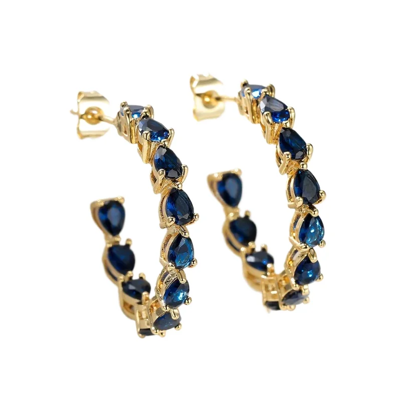 Fashion New Blue Teardrop Zirconia Tandem Inlaid Gold Colour Earrings Women\'s Luxury and Elegant Jewellery Accessories