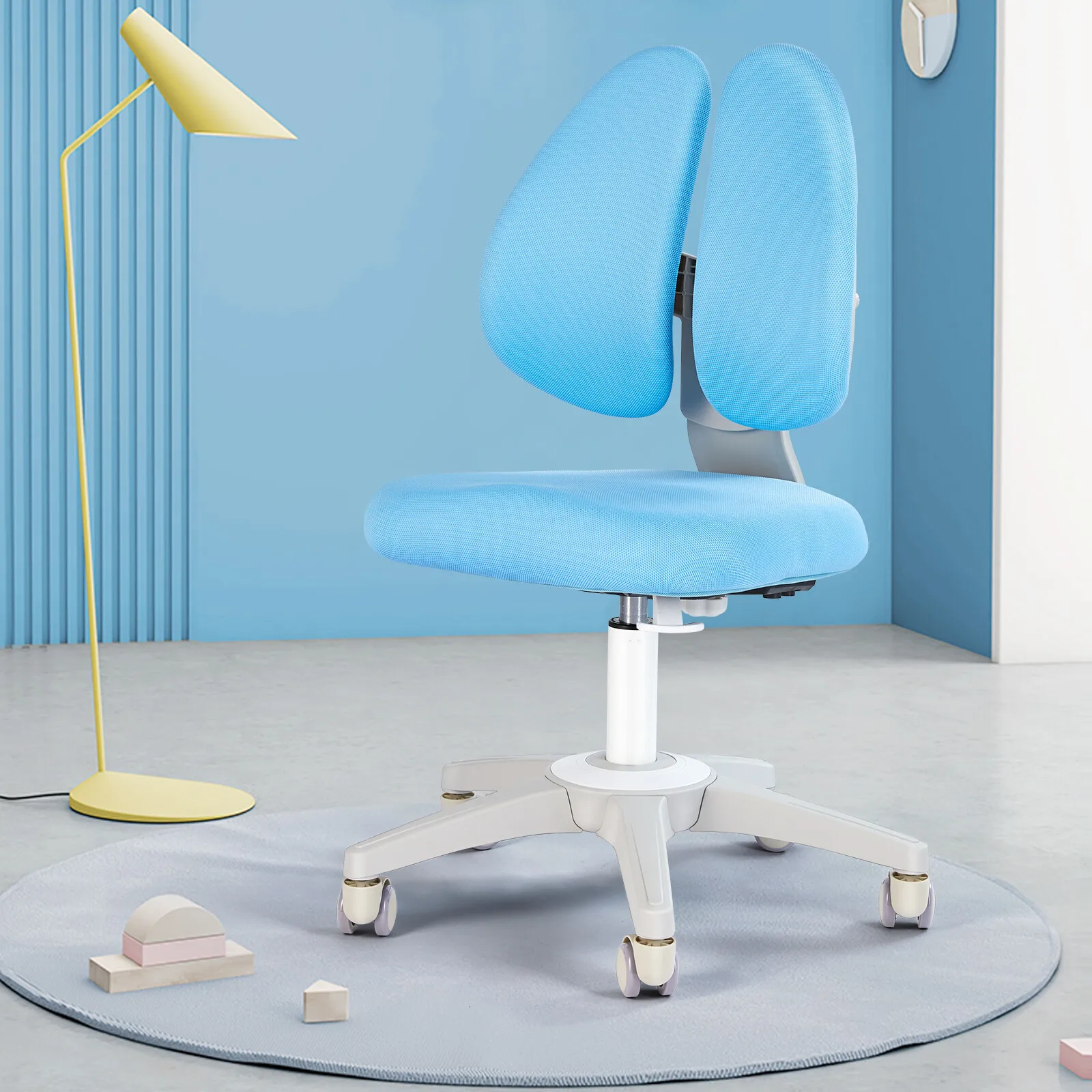 

New Adjustable Kids Study Desk Chair Ergonomic 360°Swivel Auto Brake Caster Blue