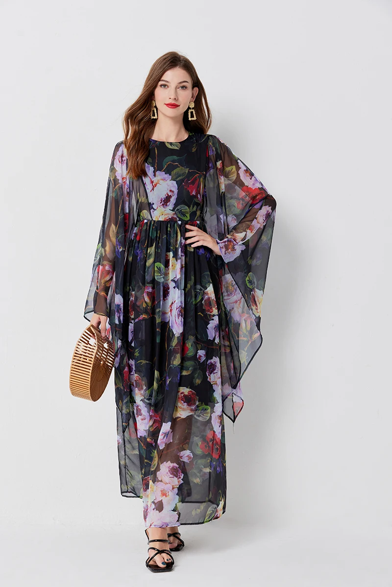 New Summer Bohemian Holiday Flower Print Chiffon Dress Women Clothing O-Neck Long Flare Sleeve Large Swing Maxi Vestidos 640