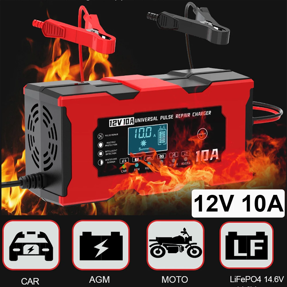 

12V 10A Car Battery Charger 14.6V 10A Electric Motorcycles Charger For Lifepo4 Lead Acid AGM GEL PB Smart Lithium Battery Repair