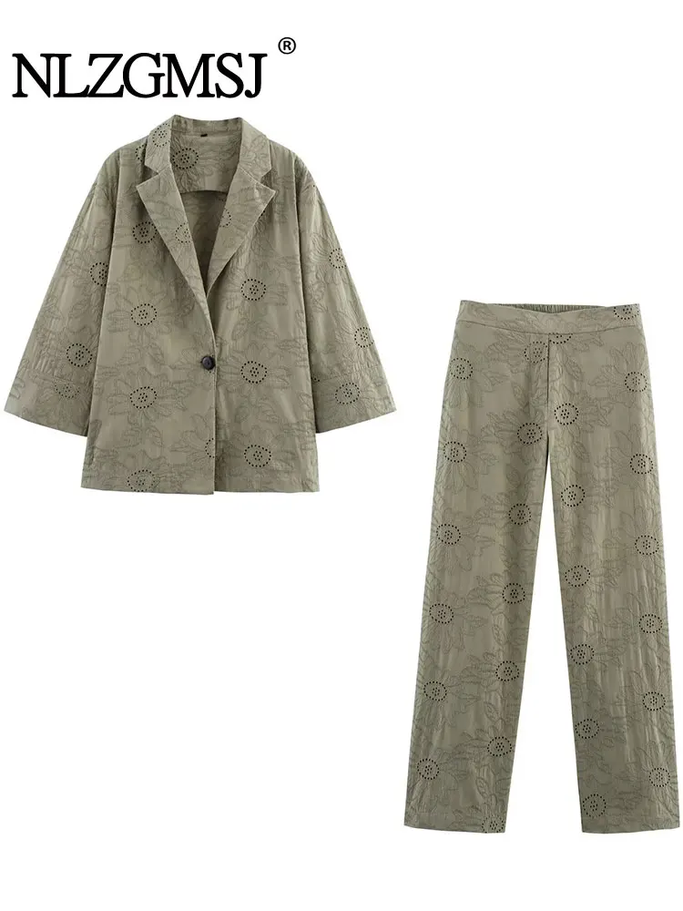 

2025 Women Suit Hollow Embroidery Pants Sets For Women 2 Pieces Fashion Blazer Elegant Two Piece Set Women Outfit ﻿