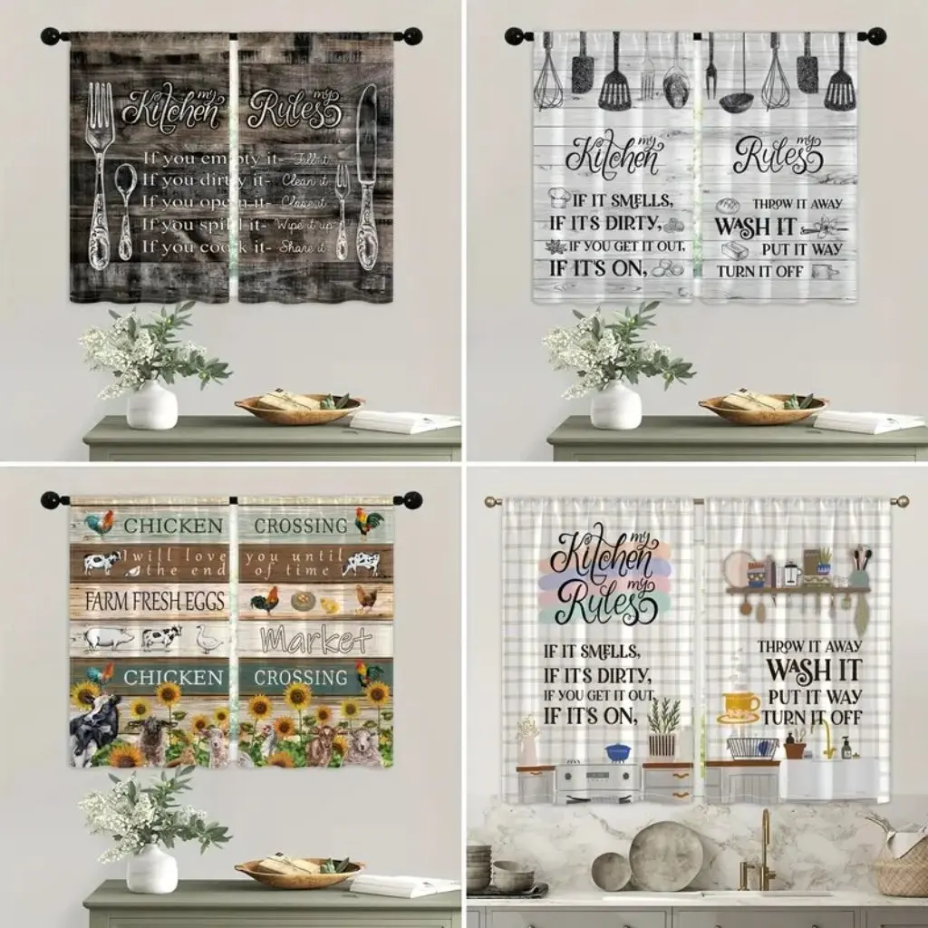 2panel Cafe Curtain Farmhouse Kitchen Curtains, Rod Pocket Rustic Country Short Small Fork And Spoon Knife Savor Vintage Window