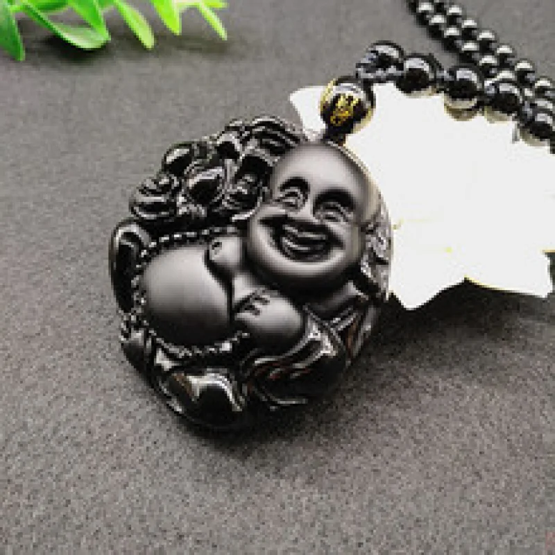 Obsidian Laughing Maitreya Round Fortune Buddha Necklace Pendant