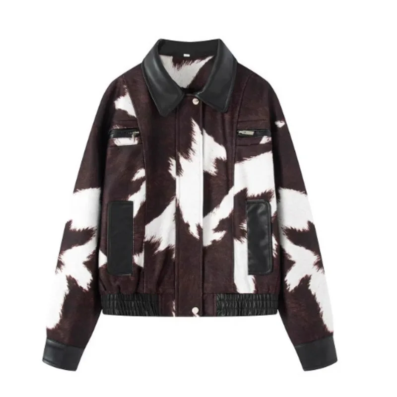 Kurtka damska EAEOVNI Streetwear z kontrastowymi kolorami, modna, skórzana, patchworkowa, z długim rękawem, vintage, nowa odzież