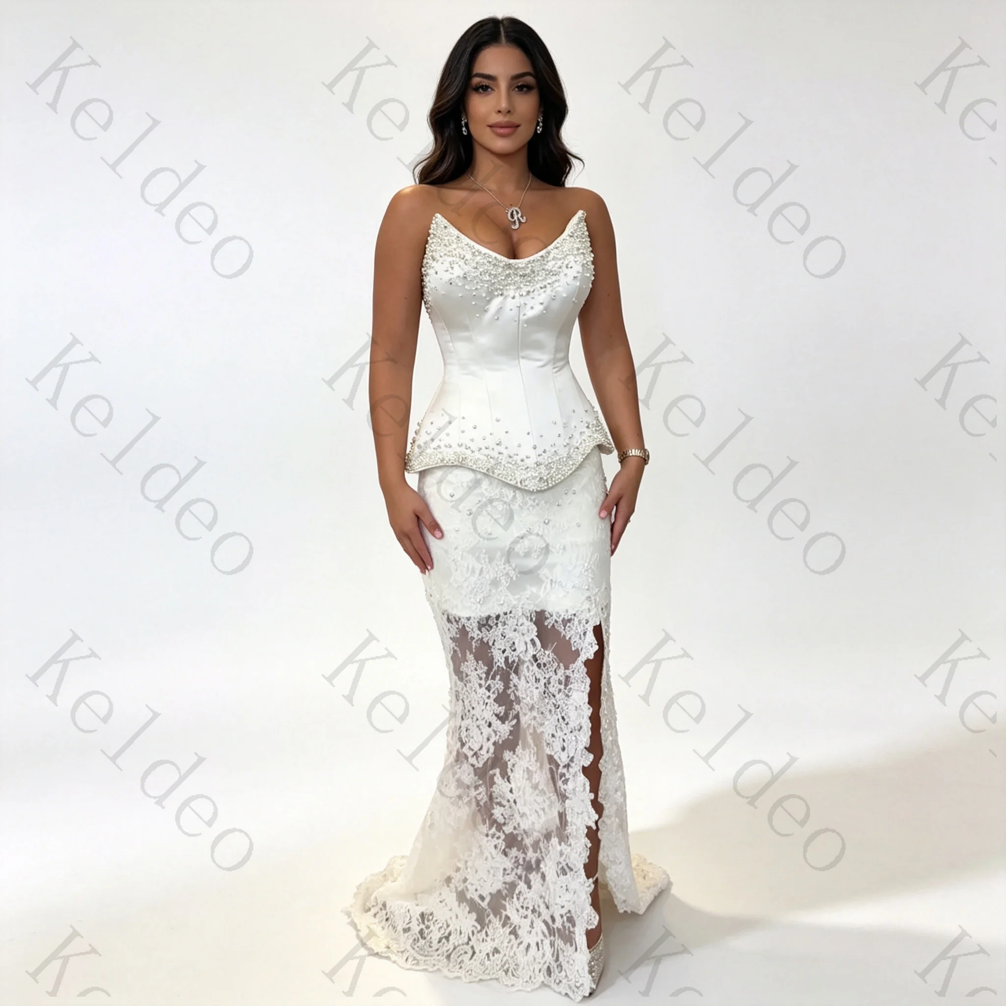 Customized Sexy Strapless Mermaid Sleeveless Wedding Dresses Two Piece Lace Applique Beading Open Back Floor‑Length Bridal Gowns