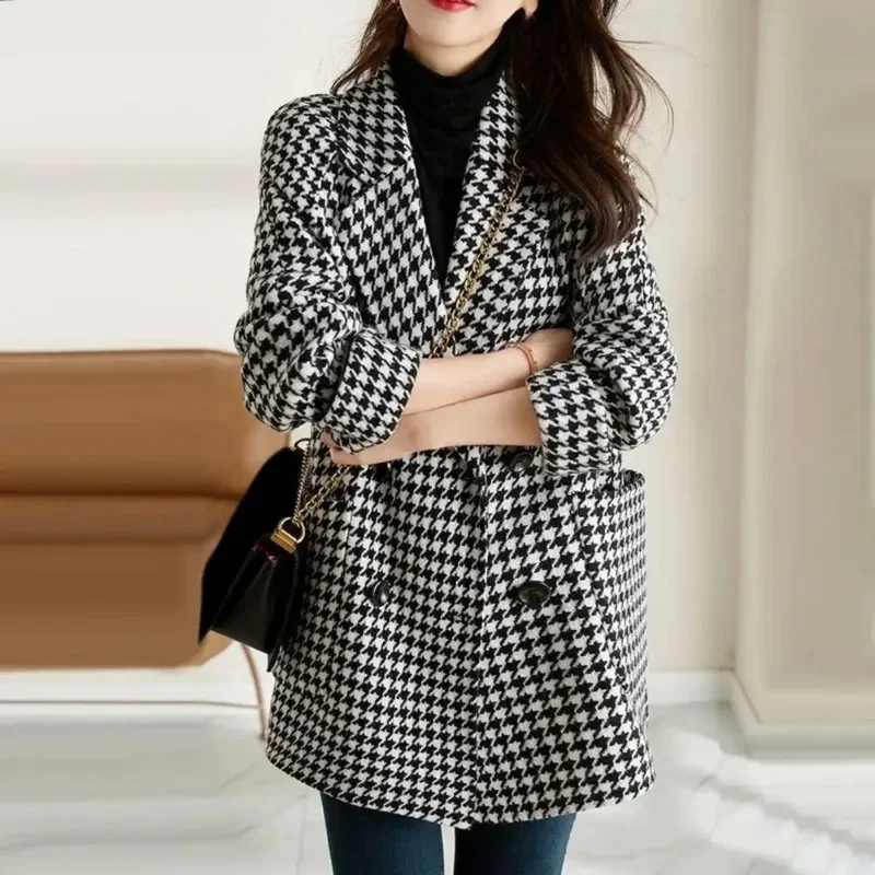 Plaid Women Wool Blends Coats Autumn Winter Overcoat Korean Fashion Mid Length Jacket Loose Lapel Outerwear Fashion Topcoat