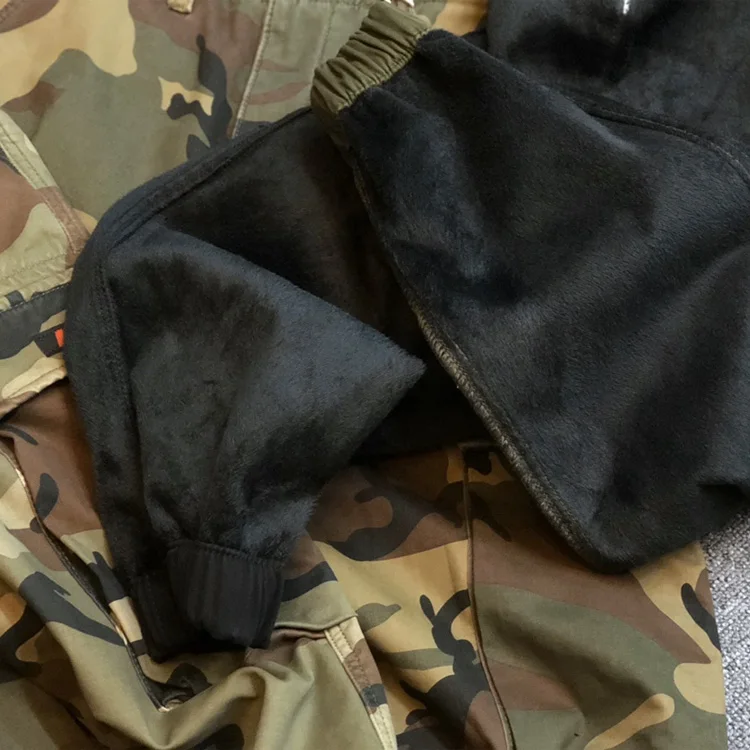 100% Cotton Thickened Plush American Casual Camouflage Multi Pocket Workwear Pants Men\'s Tights Small Legs Fleece Military Pants