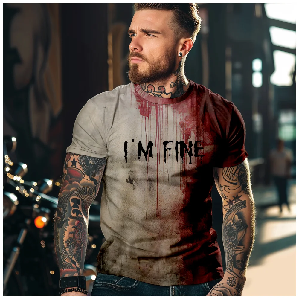 

I Am Fine Blood Funny Tshirt Men Summer Casual Male T Shirt Hipster Cool Hip-hop Tee Shirt Homme Streetwear Halloween Costumes