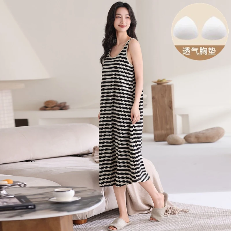 

2026 Summer Sexy Lingerie Sleeveless Vest 100% Cotton Nightgowns Women Casual Striped Sleepwear Homewear Nightdress Night Dress