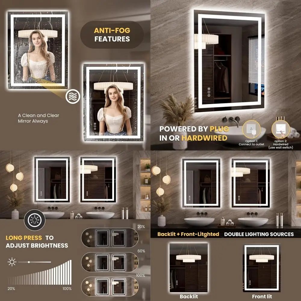 

Dimmable LED Lighted Mirror, 27.6 x 35.4, Anti-Fog, Memory Function, Easy Install, Clear Reflection for Bathroom