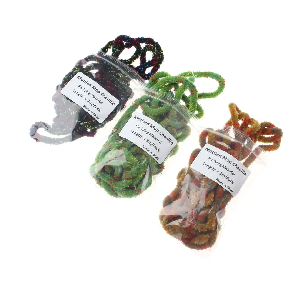 Bimoo 3M 6-7mm Wide Grizzly Mottled Mop Chenille Fly Tying Material Woolly Bugger Wet Nymph Streamer Mop Fly Crappie Jig Lures