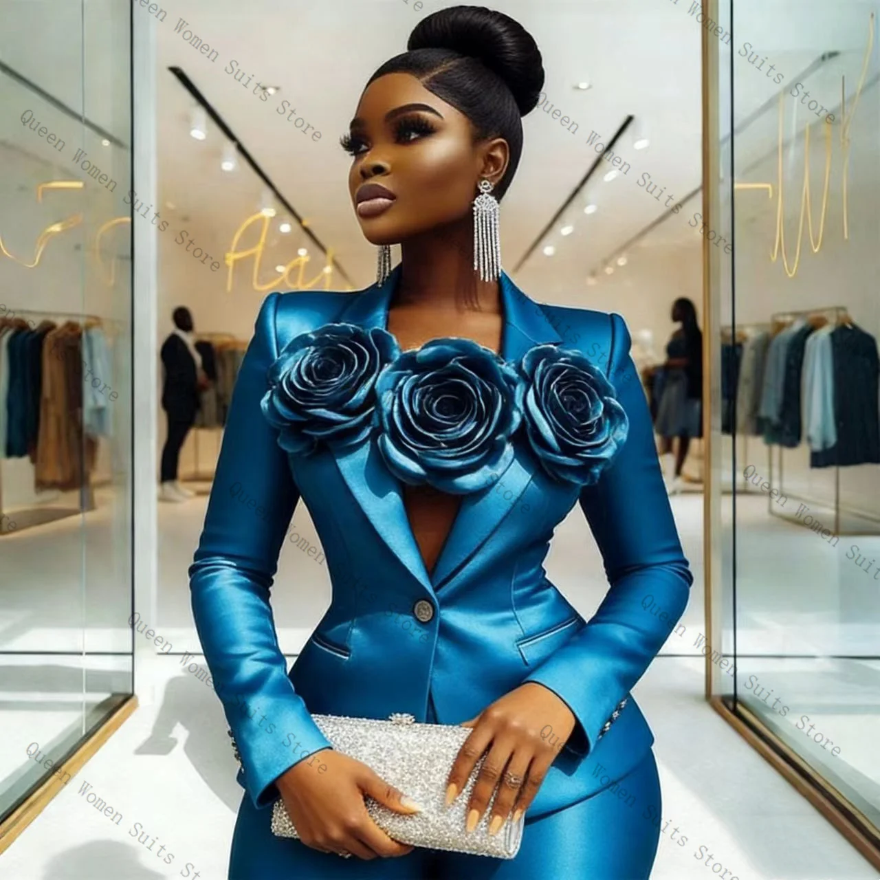 

Blue Satin Women Suit Pants Set 2 Pcs Blazer+Loose Trousers 3D Flower Prom Formal Office Lady Jacket Wedding Coat Customized