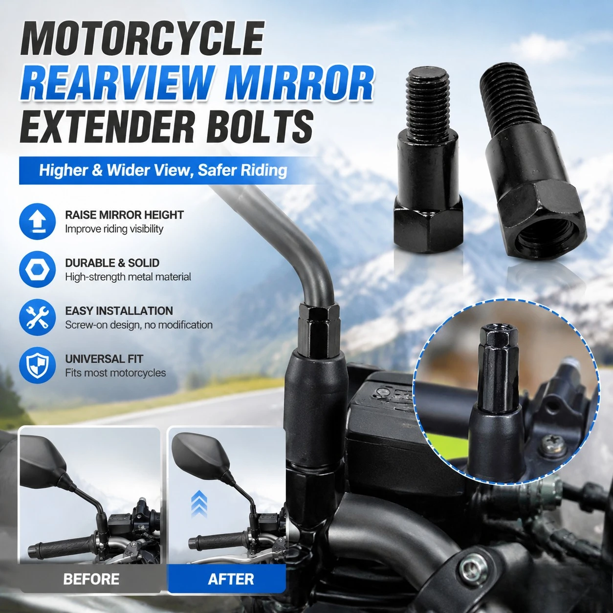 M10 Clockwise Thread Motorcycle Mirror Adapter Screws 10mm Heightened Metal Rearview Mirror Conversion Bolt