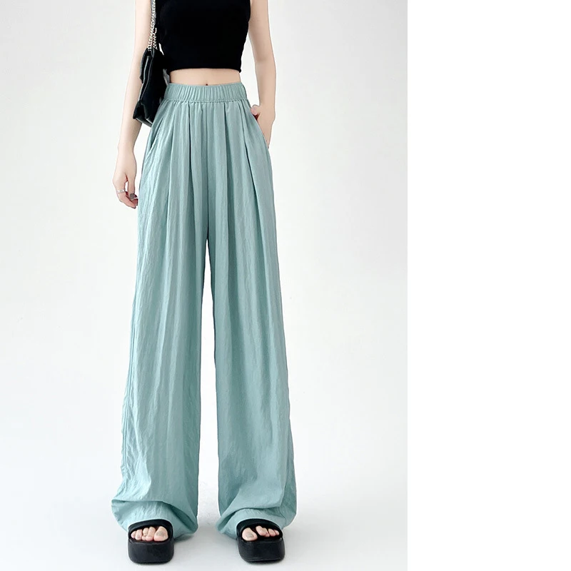 

Pleated Loose Wide-legged Slippery Pants for Women 2024 Summer Ice Silk Texture Casual Pants High-waisted Trousers