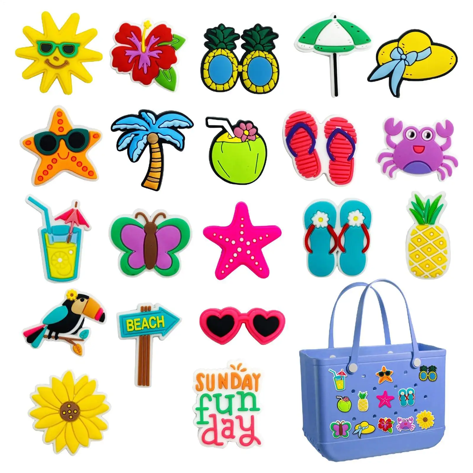 20pcs Beach Theme Rubber Bag Charm Women's Bag Charm Summer Style Fruit Plant Cactus Shiny Bow Beach Tote Bag Accessories