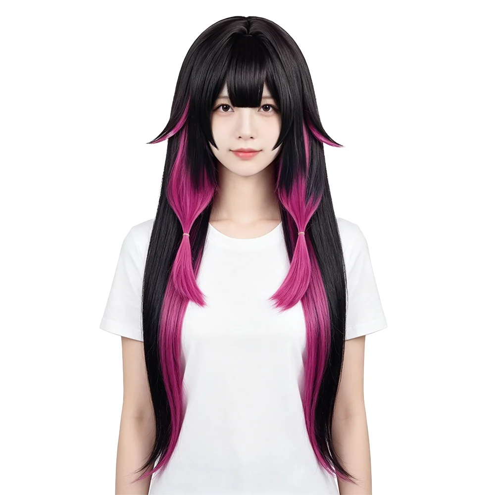

Long Straight Black Rose Pink Gradient Wig With Bangs Heat Resistant Synthetic Natural Hair For Columbina Cosplay Daily Party