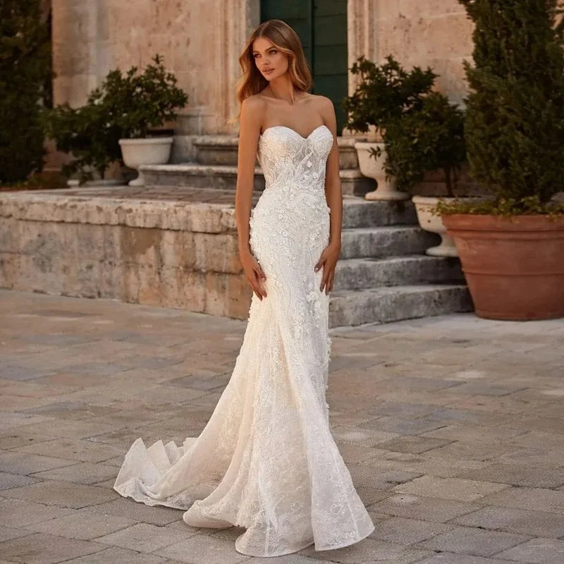 Customized Exquisite Long Sweetheart Neck Bridal Gown Beaded 3D Floral Mermaid Wedding Dress Exquisite Backless Bride Dresses