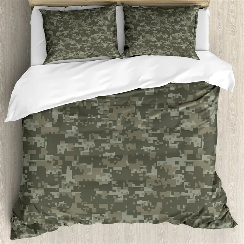 Army Green Camouflage Duvet Cover Monochrome Attire Pattern Concealing Hiding In The Woods Themed Print Decor 3 Piece Men Gifts