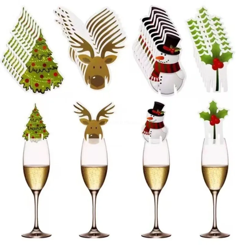 10pcs Wine Cup Card Christmas Decor Santa Hat Glass Decor Xmas Tree Snowman Home Decoration Decor 2025 New Year Accessories