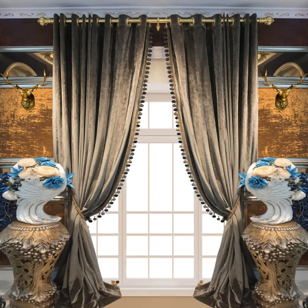 2pcs Luxury Velvet Curtains with Tassel Trim, Elegant Blackout Drapes for Living Room & Villa