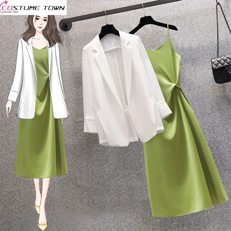 2023 Spring/Summer Korean Set New Oversized Style Light Mature Style Slim Chiffon Suit Strap Dress Two Piece Set Fashion