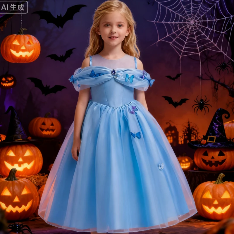 

Halloween Costume Girl Blue Puffy Girls Princess Dress Carnival Party Cosplay Dress Girl Movie Character Elegant Ball Gown