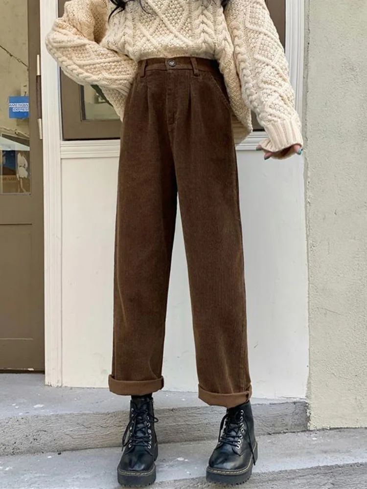 Jmprs Vintage Corduroy Pants High Waist Spring Straight Trousers Causal Pockets All Match Female Black Korean Pants