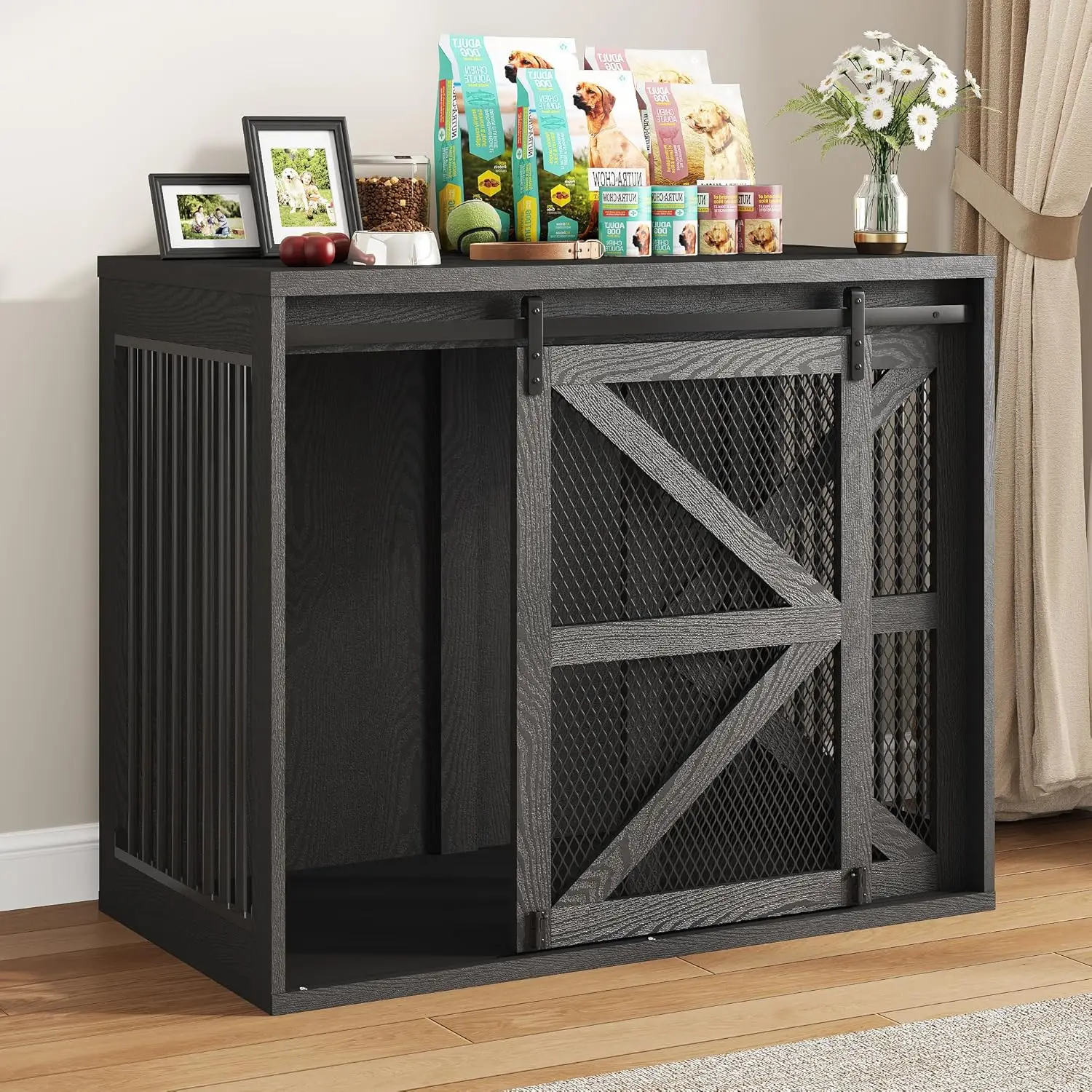 

43In Farmhouse Dog Crate Furniture, Wooden Dog Kennel Furniture with Sliding Metal Mesh Barn Door