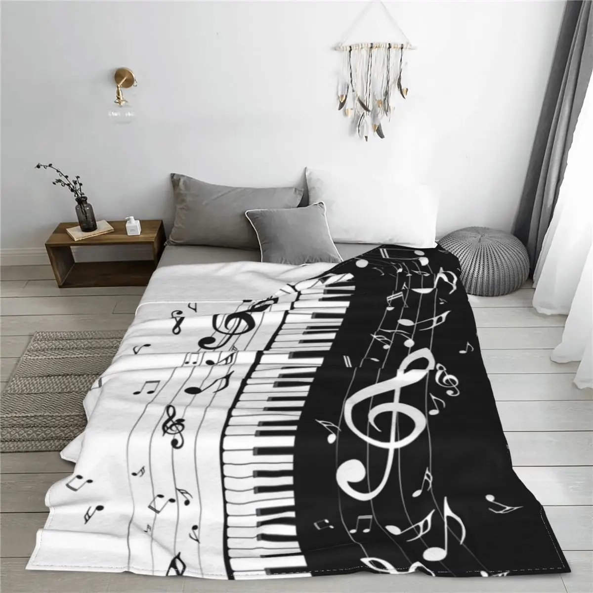 Minimalistic Piano Keyboard Flannel Blankets Music Note Funny Throw Blankets for Sofa Bedding Lounge 150*125cm Rug Piece