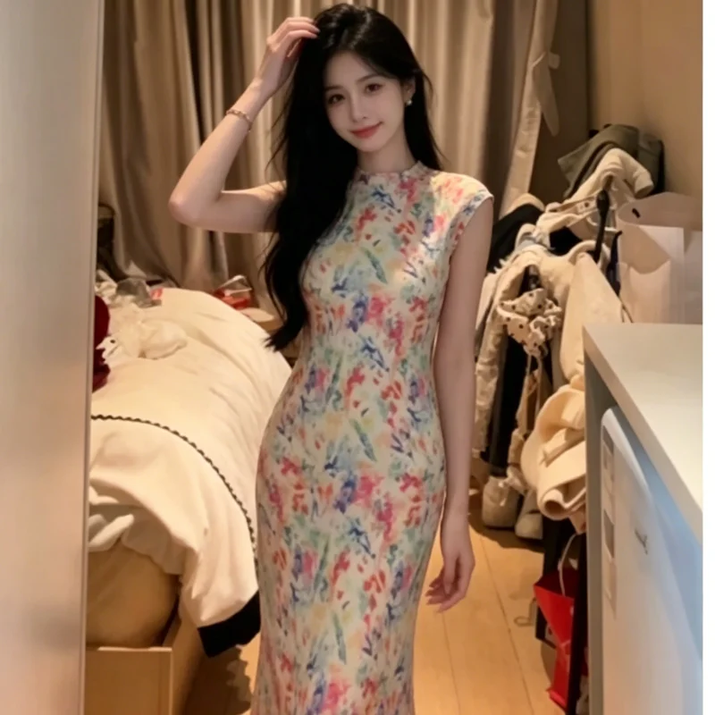 Elegant Pleated Texture Print Oil Painting Dress Women's Spring Autumn New Waist Cinching Slimming  Long Skirt