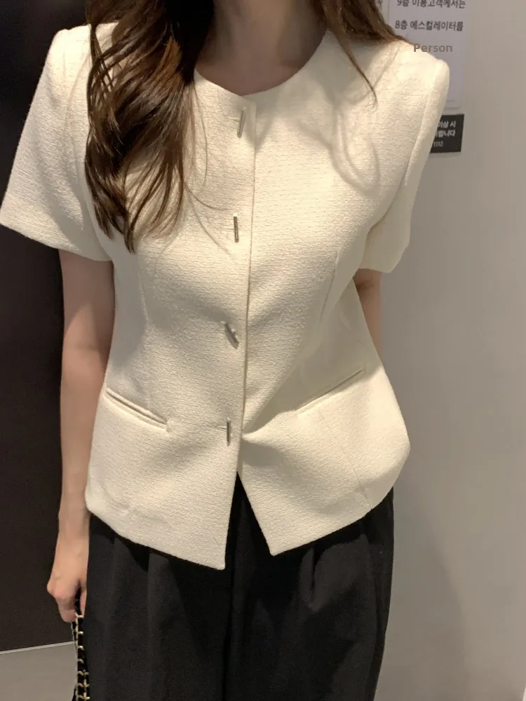 Ele White ort Sve round Ne Outerwear Women's Faion 2024 New Arrival Bubble Sve Premium Feel Top Commute Sle...