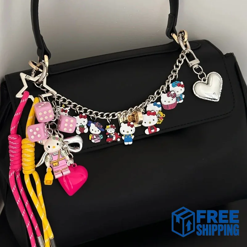 

Kawaii Hello Kitty 50th Anniversary New Bag Accessories Pendant Anime Backpack Decoration Cute Cartoon Metal KeyChain Girls Gift